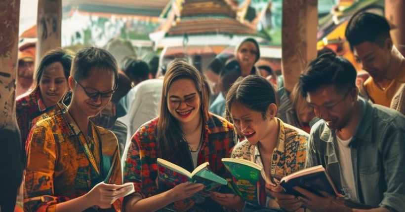 {"prompt":"A visually appealing photorealistic image showcasing a diverse group of people happily interacting in a Thai setting, with some engaging in language learning activities such as reading Thai books or using language learning apps on their devices. The background should subtly incorporate iconic Thai landmarks or cultural elements. The overall tone should be inviting, optimistic, and emphasize the joy of learning Thai.","originalPrompt":"A visually appealing photorealistic image showcasing a diverse group of people happily interacting in a Thai setting, with some engaging in language learning activities such as reading Thai books or using language learning apps on their devices. The background should subtly incorporate iconic Thai landmarks or cultural elements. The overall tone should be inviting, optimistic, and emphasize the joy of learning Thai.","width":1024,"height":1024,"seed":2054,"model":"sana","enhance":false,"nologo":false,"negative_prompt":"undefined","nofeed":false,"safe":false,"quality":"medium","image":[],"transparent":false,"has_nsfw_concept":false,"concept":[],"trackingData":{"actualModel":"sana","usage":{"completionImageTokens":1,"totalTokenCount":1}}}