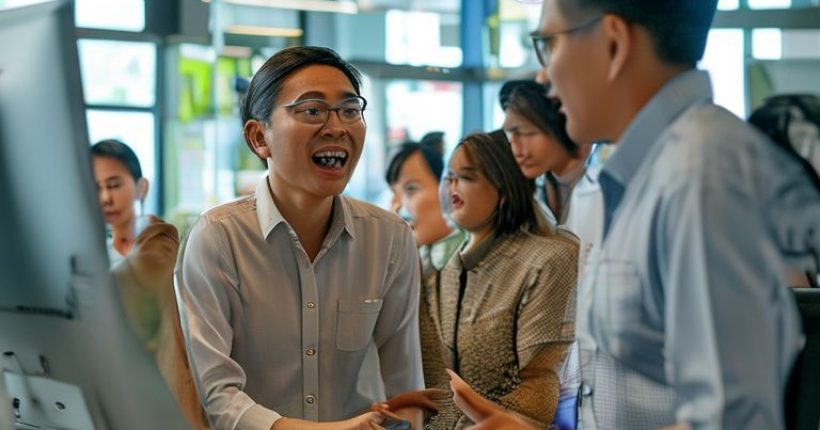 {"prompt":"Photorealistic image of diverse office workers in a modern office setting in Thailand. Some workers are Thai and some are foreigners. A foreigner is looking confused while a Thai colleague is smiling and explaining something, possibly pointing at a computer screen or a document. The general atmosphere should be collaborative and friendly.","originalPrompt":"Photorealistic image of diverse office workers in a modern office setting in Thailand. Some workers are Thai and some are foreigners. A foreigner is looking confused while a Thai colleague is smiling and explaining something, possibly pointing at a computer screen or a document. The general atmosphere should be collaborative and friendly.","width":1024,"height":1024,"seed":2345,"model":"sana","enhance":false,"nologo":false,"negative_prompt":"undefined","nofeed":false,"safe":false,"quality":"medium","image":[],"transparent":false,"has_nsfw_concept":false,"concept":[],"trackingData":{"actualModel":"sana","usage":{"completionImageTokens":1,"totalTokenCount":1}}}
