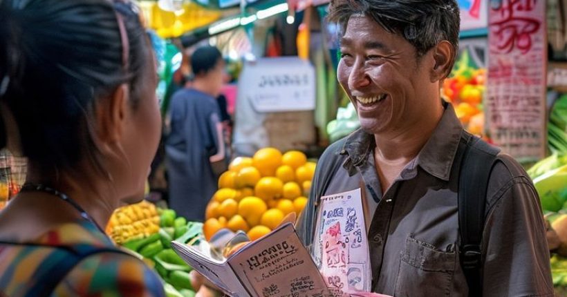 {"prompt":"A bright and inviting image of a smiling foreigner interacting with a Thai local in a bustling Thai market. Focus on warmth, cultural immersion, and the joy of communication. The foreigner should be holding a phrasebook or using a translation app, suggesting a learning experience. In the background, vibrant colors of fruits, vegetables, and Thai script should be visible.","originalPrompt":"A bright and inviting image of a smiling foreigner interacting with a Thai local in a bustling Thai market. Focus on warmth, cultural immersion, and the joy of communication. The foreigner should be holding a phrasebook or using a translation app, suggesting a learning experience. In the background, vibrant colors of fruits, vegetables, and Thai script should be visible.","width":1024,"height":1024,"seed":2503,"model":"sana","enhance":false,"nologo":false,"negative_prompt":"undefined","nofeed":false,"safe":false,"quality":"medium","image":[],"transparent":false,"has_nsfw_concept":false,"concept":[],"trackingData":{"actualModel":"sana","usage":{"completionImageTokens":1,"totalTokenCount":1}}}