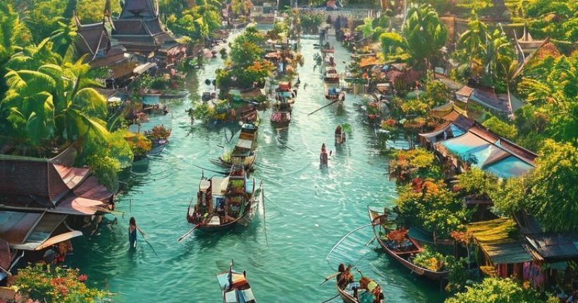 {"prompt":"Photorealistic aerial view of a vibrant Thai floating market with longtail boats laden with goods, surrounded by lush green vegetation. In the background, a traditional Thai temple can be seen. The sky is bright and sunny, reflecting off the water. People are actively trading and smiling. Capture the energy and cultural richness of Thailand. This should be usable as a blog header.","originalPrompt":"Photorealistic aerial view of a vibrant Thai floating market with longtail boats laden with goods, surrounded by lush green vegetation. In the background, a traditional Thai temple can be seen. The sky is bright and sunny, reflecting off the water. People are actively trading and smiling. Capture the energy and cultural richness of Thailand. This should be usable as a blog header.","width":1024,"height":1024,"seed":2633,"model":"sana","enhance":false,"nologo":false,"negative_prompt":"undefined","nofeed":false,"safe":false,"quality":"medium","image":[],"transparent":false,"has_nsfw_concept":false,"concept":[],"trackingData":{"actualModel":"sana","usage":{"completionImageTokens":1,"totalTokenCount":1}}}