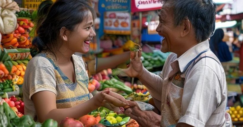 {"prompt":"Photo of a smiling foreigner interacting with a friendly Thai local in a vibrant market in Thailand. The foreigner is clearly attempting to speak Thai, and the Thai local is responding with warmth and encouragement. The backdrop should be filled with colorful fruits, vegetables, and Thai script signs.","originalPrompt":"Photo of a smiling foreigner interacting with a friendly Thai local in a vibrant market in Thailand. The foreigner is clearly attempting to speak Thai, and the Thai local is responding with warmth and encouragement. The backdrop should be filled with colorful fruits, vegetables, and Thai script signs.","width":1024,"height":1024,"seed":2905,"model":"sana","enhance":false,"nologo":false,"negative_prompt":"undefined","nofeed":false,"safe":false,"quality":"medium","image":[],"transparent":false,"has_nsfw_concept":false,"concept":[],"trackingData":{"actualModel":"sana","usage":{"completionImageTokens":1,"totalTokenCount":1}}}