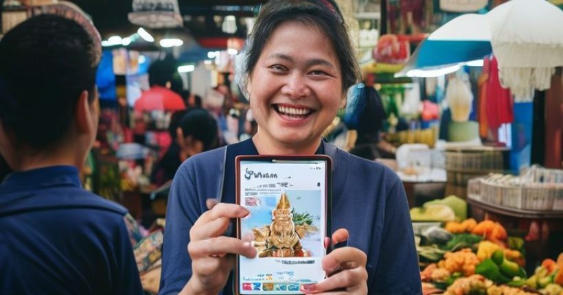 {"prompt":"A vibrant and inviting image depicting a person happily interacting with Thai vendors at a bustling market. The person is holding a Thai language learning book or app on their phone. The atmosphere is lively and friendly, emphasizing the joy of learning and connecting with Thai culture. The background should feature iconic Thai elements like temples, street food stalls, or traditional art.","originalPrompt":"A vibrant and inviting image depicting a person happily interacting with Thai vendors at a bustling market. The person is holding a Thai language learning book or app on their phone. The atmosphere is lively and friendly, emphasizing the joy of learning and connecting with Thai culture. The background should feature iconic Thai elements like temples, street food stalls, or traditional art.","width":1024,"height":1024,"seed":4465,"model":"sana","enhance":false,"nologo":false,"negative_prompt":"undefined","nofeed":false,"safe":false,"quality":"medium","image":[],"transparent":false,"has_nsfw_concept":false,"concept":[],"trackingData":{"actualModel":"sana","usage":{"completionImageTokens":1,"totalTokenCount":1}}}