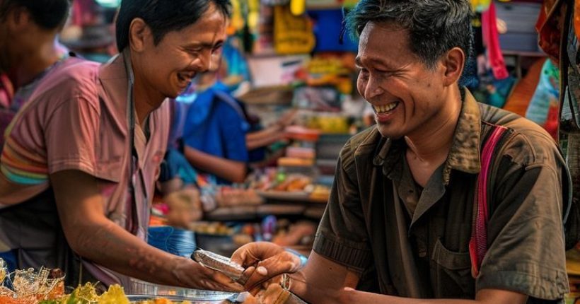 {"prompt":"A vibrant and inviting photograph of a smiling foreigner interacting with a Thai vendor at a bustling street market. The foreigner is attempting to order food in Thai, and the vendor is gesturing and smiling back encouragingly. The background is filled with colorful Thai street food, market stalls, and people. The overall tone is friendly, welcoming, and optimistic, emphasizing the joy of learning and using the Thai language. Focus on capturing the authentic details of the Thai market atmosphere.","originalPrompt":"A vibrant and inviting photograph of a smiling foreigner interacting with a Thai vendor at a bustling street market. The foreigner is attempting to order food in Thai, and the vendor is gesturing and smiling back encouragingly. The background is filled with colorful Thai street food, market stalls, and people. The overall tone is friendly, welcoming, and optimistic, emphasizing the joy of learning and using the Thai language. Focus on capturing the authentic details of the Thai market atmosphere.","width":1024,"height":1024,"seed":4972,"model":"sana","enhance":false,"nologo":false,"negative_prompt":"undefined","nofeed":false,"safe":false,"quality":"medium","image":[],"transparent":false,"has_nsfw_concept":false,"concept":[],"trackingData":{"actualModel":"sana","usage":{"completionImageTokens":1,"totalTokenCount":1}}}