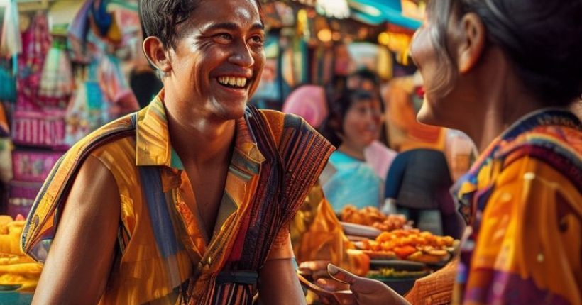 {"prompt":"A vibrant and photorealistic cover image depicting a smiling foreigner engaging in a friendly conversation with a Thai local in a bustling market setting. The image should convey a sense of cultural immersion and the joy of communication. Focus on warm colors, authentic details of Thai culture (food stalls, traditional clothing), and genuine expressions of connection.","originalPrompt":"A vibrant and photorealistic cover image depicting a smiling foreigner engaging in a friendly conversation with a Thai local in a bustling market setting. The image should convey a sense of cultural immersion and the joy of communication. Focus on warm colors, authentic details of Thai culture (food stalls, traditional clothing), and genuine expressions of connection.","width":1024,"height":1024,"seed":6517,"model":"sana","enhance":false,"nologo":false,"negative_prompt":"undefined","nofeed":false,"safe":false,"quality":"medium","image":[],"transparent":false,"has_nsfw_concept":false,"concept":[],"trackingData":{"actualModel":"sana","usage":{"completionImageTokens":1,"totalTokenCount":1}}}