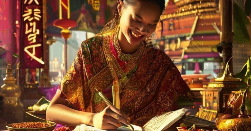 {"prompt":"A stunning photorealistic image depicting a person enthusiastically studying a Thai language textbook amidst a vibrant scene showcasing Thai culture--perhaps with Thai script in the background, iconic landmarks like the Grand Palace subtly visible, and traditional Thai food laid out, all bathed in warm, inviting light. The person should appear motivated and engaged with the language learning process. Focus should be on positive feelings of discovery and cultural immersion. ","originalPrompt":"A stunning photorealistic image depicting a person enthusiastically studying a Thai language textbook amidst a vibrant scene showcasing Thai culture--perhaps with Thai script in the background, iconic landmarks like the Grand Palace subtly visible, and traditional Thai food laid out, all bathed in warm, inviting light. The person should appear motivated and engaged with the language learning process. Focus should be on positive feelings of discovery and cultural immersion. ","width":1024,"height":1024,"seed":6823,"model":"sana","enhance":false,"nologo":false,"negative_prompt":"undefined","nofeed":false,"safe":false,"quality":"medium","image":[],"transparent":false,"has_nsfw_concept":false,"concept":[],"trackingData":{"actualModel":"sana","usage":{"completionImageTokens":1,"totalTokenCount":1}}}