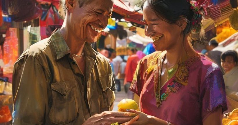 {"prompt":"A reassuring and encouraging image of a Westerner smiling warmly while interacting with a Thai person in a market setting. The Westerner is holding a piece of fruit, suggesting a positive and friendly exchange. The background should be vibrant and colorful, depicting the bustling atmosphere of a typical Thai market with food stalls and smiling faces.","originalPrompt":"A reassuring and encouraging image of a Westerner smiling warmly while interacting with a Thai person in a market setting. The Westerner is holding a piece of fruit, suggesting a positive and friendly exchange. The background should be vibrant and colorful, depicting the bustling atmosphere of a typical Thai market with food stalls and smiling faces.","width":1024,"height":1024,"seed":9131,"model":"sana","enhance":false,"nologo":false,"negative_prompt":"undefined","nofeed":false,"safe":false,"quality":"medium","image":[],"transparent":false,"has_nsfw_concept":false,"concept":[],"trackingData":{"actualModel":"sana","usage":{"completionImageTokens":1,"totalTokenCount":1}}}