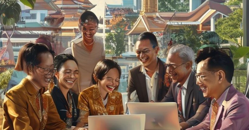 {"prompt":"Photorealistic image of a diverse group of people in Thailand, some wearing business attire and others in traditional Thai clothing, gathered around a table in a modern co-working space, smiling and collaborating on laptops. The background shows a cityscape with modern buildings and traditional temples. The overall tone is positive, collaborative, and aspirational, representing success and opportunity in Thailand.","originalPrompt":"Photorealistic image of a diverse group of people in Thailand, some wearing business attire and others in traditional Thai clothing, gathered around a table in a modern co-working space, smiling and collaborating on laptops. The background shows a cityscape with modern buildings and traditional temples. The overall tone is positive, collaborative, and aspirational, representing success and opportunity in Thailand.","width":1024,"height":1024,"seed":9681,"model":"sana","enhance":false,"nologo":false,"negative_prompt":"undefined","nofeed":false,"safe":false,"quality":"medium","image":[],"transparent":false,"has_nsfw_concept":false,"concept":[],"trackingData":{"actualModel":"sana","usage":{"completionImageTokens":1,"totalTokenCount":1}}}