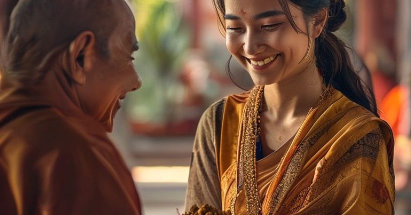 {"prompt":"A photorealistic image depicting a Thai woman in her early 30s, smiling warmly while offering alms to a monk in a serene temple setting. The background should be subtly blurred, focusing on the interaction and the peaceful atmosphere. The color palette should be warm and inviting, reflecting Thai culture.  The style should be reminiscent of a documentary photograph capturing a genuine moment of kindness and happiness.","originalPrompt":"A photorealistic image depicting a Thai woman in her early 30s, smiling warmly while offering alms to a monk in a serene temple setting. The background should be subtly blurred, focusing on the interaction and the peaceful atmosphere. The color palette should be warm and inviting, reflecting Thai culture.  The style should be reminiscent of a documentary photograph capturing a genuine moment of kindness and happiness.","width":1024,"height":1024,"seed":9871,"model":"sana","enhance":false,"nologo":false,"negative_prompt":"undefined","nofeed":false,"safe":false,"quality":"medium","image":[],"transparent":false,"has_nsfw_concept":false,"concept":[],"trackingData":{"actualModel":"sana","usage":{"completionImageTokens":1,"totalTokenCount":1}}}
