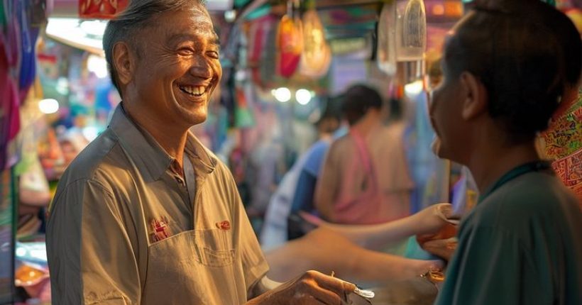 {"prompt":"Photorealistic image showing a smiling foreigner confidently ordering food from a Thai street vendor in fluent Thai. The scene is set in a bustling Bangkok street market, filled with colorful sights and sounds. The vendor is equally happy and engaged in the conversation. The overall mood should be positive and aspirational, highlighting the joy of connecting with locals through language.","originalPrompt":"Photorealistic image showing a smiling foreigner confidently ordering food from a Thai street vendor in fluent Thai. The scene is set in a bustling Bangkok street market, filled with colorful sights and sounds. The vendor is equally happy and engaged in the conversation. The overall mood should be positive and aspirational, highlighting the joy of connecting with locals through language.","width":1024,"height":1024,"seed":10307,"model":"sana","enhance":false,"nologo":false,"negative_prompt":"undefined","nofeed":false,"safe":false,"quality":"medium","image":[],"transparent":false,"has_nsfw_concept":false,"concept":[],"trackingData":{"actualModel":"sana","usage":{"completionImageTokens":1,"totalTokenCount":1}}}