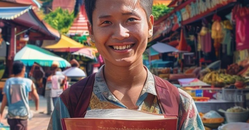 {"prompt":"A photorealistic image of a person smiling confidently in front of a vibrant Thai street scene. The person is holding a Thai language textbook. The background shows street food vendors, temples, and traditional Thai architecture. The scene should convey the joy and accessibility of learning the Thai language.","originalPrompt":"A photorealistic image of a person smiling confidently in front of a vibrant Thai street scene. The person is holding a Thai language textbook. The background shows street food vendors, temples, and traditional Thai architecture. The scene should convey the joy and accessibility of learning the Thai language.","width":1024,"height":1024,"seed":10983,"model":"sana","enhance":false,"nologo":false,"negative_prompt":"undefined","nofeed":false,"safe":false,"quality":"medium","image":[],"transparent":false,"has_nsfw_concept":false,"concept":[],"trackingData":{"actualModel":"sana","usage":{"completionImageTokens":1,"totalTokenCount":1}}}