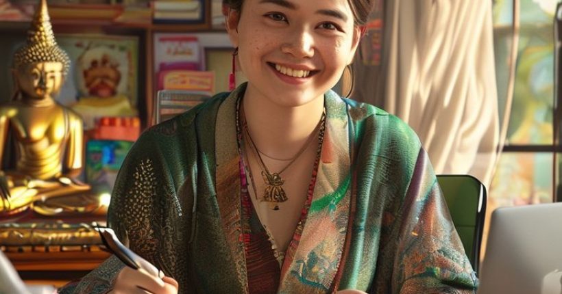 {"prompt":"Photorealistic image. A friendly-looking person is sitting at a desk, surrounded by Thai language learning materials (books with Thai script, flashcards with Thai words, a laptop displaying a Thai language lesson). The person is smiling warmly and gesturing with a pen towards the learning materials. The background includes subtle Thai cultural elements, like a small Buddha statue and a Thai silk scarf draped over a chair. Focus on bright, inviting colors and a sense of encouragement and achievement.","originalPrompt":"Photorealistic image. A friendly-looking person is sitting at a desk, surrounded by Thai language learning materials (books with Thai script, flashcards with Thai words, a laptop displaying a Thai language lesson). The person is smiling warmly and gesturing with a pen towards the learning materials. The background includes subtle Thai cultural elements, like a small Buddha statue and a Thai silk scarf draped over a chair. Focus on bright, inviting colors and a sense of encouragement and achievement.","width":1024,"height":1024,"seed":11105,"model":"sana","enhance":false,"nologo":false,"negative_prompt":"undefined","nofeed":false,"safe":false,"quality":"medium","image":[],"transparent":false,"has_nsfw_concept":false,"concept":[],"trackingData":{"actualModel":"sana","usage":{"completionImageTokens":1,"totalTokenCount":1}}}