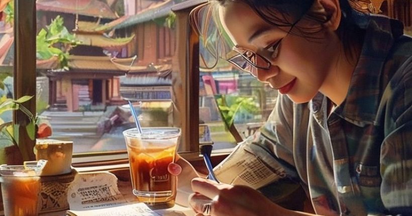 {"prompt":"A vibrant, photorealistic image of a person studying Thai language materials (books, tablet with app open) while enjoying a Thai iced tea in a cozy cafe. The background should hint at a Thai cultural setting - perhaps a glimpse of a temple or traditional architecture. The overall tone should be inviting and inspiring, conveying the joy and accessibility of learning Thai.","originalPrompt":"A vibrant, photorealistic image of a person studying Thai language materials (books, tablet with app open) while enjoying a Thai iced tea in a cozy cafe. The background should hint at a Thai cultural setting - perhaps a glimpse of a temple or traditional architecture. The overall tone should be inviting and inspiring, conveying the joy and accessibility of learning Thai.","width":1024,"height":1024,"seed":11166,"model":"sana","enhance":false,"nologo":false,"negative_prompt":"undefined","nofeed":false,"safe":false,"quality":"medium","image":[],"transparent":false,"has_nsfw_concept":false,"concept":[],"trackingData":{"actualModel":"sana","usage":{"completionImageTokens":1,"totalTokenCount":1}}}