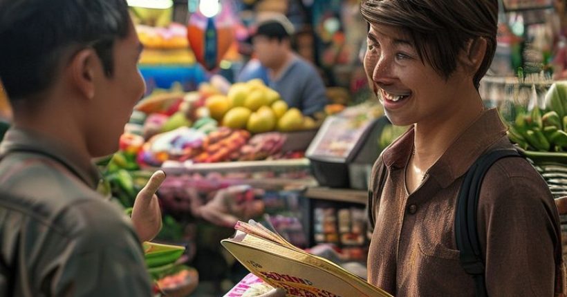 {"prompt":"Photorealistic image featuring a young, smiling foreigner interacting with a friendly Thai local in a bustling Bangkok market. The foreigner is holding a Thai phrasebook, and the local is gesturing warmly, perhaps offering assistance. The background should showcase the vibrant colors and atmosphere of a traditional Thai market, with stalls selling fruits, flowers, and street food. Daytime lighting with good depth of field.","originalPrompt":"Photorealistic image featuring a young, smiling foreigner interacting with a friendly Thai local in a bustling Bangkok market. The foreigner is holding a Thai phrasebook, and the local is gesturing warmly, perhaps offering assistance. The background should showcase the vibrant colors and atmosphere of a traditional Thai market, with stalls selling fruits, flowers, and street food. Daytime lighting with good depth of field.","width":1024,"height":1024,"seed":11597,"model":"sana","enhance":false,"nologo":false,"negative_prompt":"undefined","nofeed":false,"safe":false,"quality":"medium","image":[],"transparent":false,"has_nsfw_concept":false,"concept":[],"trackingData":{"actualModel":"sana","usage":{"completionImageTokens":1,"totalTokenCount":1}}}