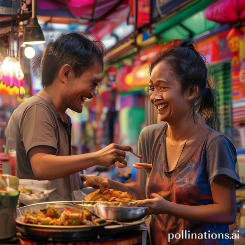 {"prompt":"A photorealistic image of a person smiling and interacting with a Thai street food vendor. The vendor is smiling back, and the background is a colorful and bustling Bangkok street scene. The person is pointing to a dish with confidence. The overall tone is warm, friendly, and inviting, emphasizing the joy of connecting with Thai culture through language.","originalPrompt":"A photorealistic image of a person smiling and interacting with a Thai street food vendor. The vendor is smiling back, and the background is a colorful and bustling Bangkok street scene. The person is pointing to a dish with confidence. The overall tone is warm, friendly, and inviting, emphasizing the joy of connecting with Thai culture through language.","width":1024,"height":1024,"seed":14048,"model":"sana","enhance":false,"nologo":false,"negative_prompt":"undefined","nofeed":false,"safe":false,"quality":"medium","image":[],"transparent":false,"has_nsfw_concept":false,"concept":[],"trackingData":{"actualModel":"sana","usage":{"completionImageTokens":1,"totalTokenCount":1}}}