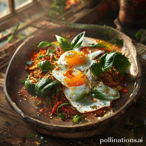 {"prompt":"Photorealistic, overhead shot of vibrant Pad Kra Pao (Thai basil stir-fry) with perfectly fried egg on top, served on a rustic wooden plate. Garnish with fresh basil leaves. Background should be blurred with hints of a traditional Thai kitchen setting - wooden utensils, colorful spices, and a gentle light streaming in from a window.","originalPrompt":"Photorealistic, overhead shot of vibrant Pad Kra Pao (Thai basil stir-fry) with perfectly fried egg on top, served on a rustic wooden plate. Garnish with fresh basil leaves. Background should be blurred with hints of a traditional Thai kitchen setting - wooden utensils, colorful spices, and a gentle light streaming in from a window.","width":1024,"height":1024,"seed":14170,"model":"sana","enhance":false,"nologo":false,"negative_prompt":"undefined","nofeed":false,"safe":false,"quality":"medium","image":[],"transparent":false,"has_nsfw_concept":false,"concept":[],"trackingData":{"actualModel":"sana","usage":{"completionImageTokens":1,"totalTokenCount":1}}}