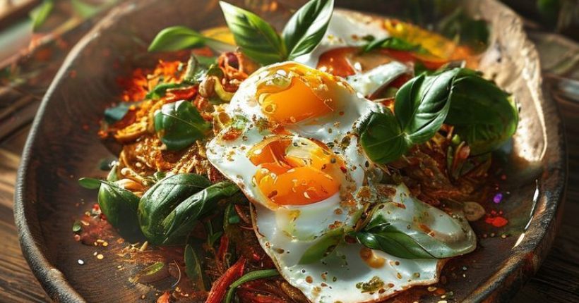 {"prompt":"Photorealistic, overhead shot of vibrant Pad Kra Pao (Thai basil stir-fry) with perfectly fried egg on top, served on a rustic wooden plate. Garnish with fresh basil leaves. Background should be blurred with hints of a traditional Thai kitchen setting - wooden utensils, colorful spices, and a gentle light streaming in from a window.","originalPrompt":"Photorealistic, overhead shot of vibrant Pad Kra Pao (Thai basil stir-fry) with perfectly fried egg on top, served on a rustic wooden plate. Garnish with fresh basil leaves. Background should be blurred with hints of a traditional Thai kitchen setting - wooden utensils, colorful spices, and a gentle light streaming in from a window.","width":1024,"height":1024,"seed":14170,"model":"sana","enhance":false,"nologo":false,"negative_prompt":"undefined","nofeed":false,"safe":false,"quality":"medium","image":[],"transparent":false,"has_nsfw_concept":false,"concept":[],"trackingData":{"actualModel":"sana","usage":{"completionImageTokens":1,"totalTokenCount":1}}}