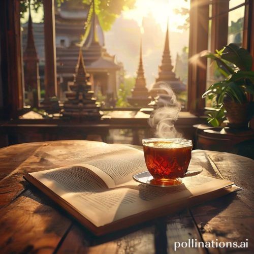 {"prompt":"Photorealistic image of someone learning Thai with a textbook and steaming Thai tea on a wooden table in a sunlit room. The background subtly shows iconic Thai landmarks like temples.","originalPrompt":"Photorealistic image of someone learning Thai with a textbook and steaming Thai tea on a wooden table in a sunlit room. The background subtly shows iconic Thai landmarks like temples.","width":1024,"height":1024,"seed":14232,"model":"sana","enhance":false,"nologo":false,"negative_prompt":"undefined","nofeed":false,"safe":false,"quality":"medium","image":[],"transparent":false,"has_nsfw_concept":false,"concept":[],"trackingData":{"actualModel":"sana","usage":{"completionImageTokens":1,"totalTokenCount":1}}}