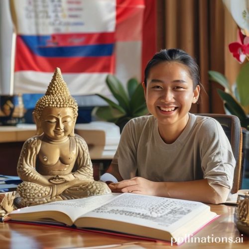 {"prompt":"A person sitting at a desk, smiling, with a Thai language textbook and notebook open in front of them. In the background, a Thai flag is subtly visible. The overall tone should be bright, encouraging, and focused on the joy of learning a new language. Add some traditional Thai items like a small Buddha statue or an orchid.","originalPrompt":"A person sitting at a desk, smiling, with a Thai language textbook and notebook open in front of them. In the background, a Thai flag is subtly visible. The overall tone should be bright, encouraging, and focused on the joy of learning a new language. Add some traditional Thai items like a small Buddha statue or an orchid.","width":1024,"height":1024,"seed":14355,"model":"sana","enhance":false,"nologo":false,"negative_prompt":"undefined","nofeed":false,"safe":false,"quality":"medium","image":[],"transparent":false,"has_nsfw_concept":false,"concept":[],"trackingData":{"actualModel":"sana","usage":{"completionImageTokens":1,"totalTokenCount":1}}}