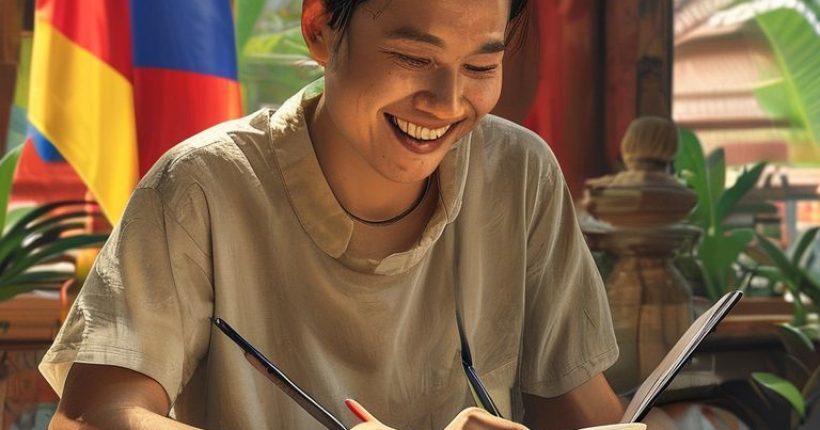 {"prompt":"Photorealistic image of a smiling person studying Thai language materials, such as a textbook, apps, and flashcards, with a Thai flag in the background. The scene should depict a positive and encouraging learning environment.","originalPrompt":"Photorealistic image of a smiling person studying Thai language materials, such as a textbook, apps, and flashcards, with a Thai flag in the background. The scene should depict a positive and encouraging learning environment.","width":1024,"height":1024,"seed":14728,"model":"sana","enhance":false,"nologo":false,"negative_prompt":"undefined","nofeed":false,"safe":false,"quality":"medium","image":[],"transparent":false,"has_nsfw_concept":false,"concept":[],"trackingData":{"actualModel":"sana","usage":{"completionImageTokens":1,"totalTokenCount":1}}}