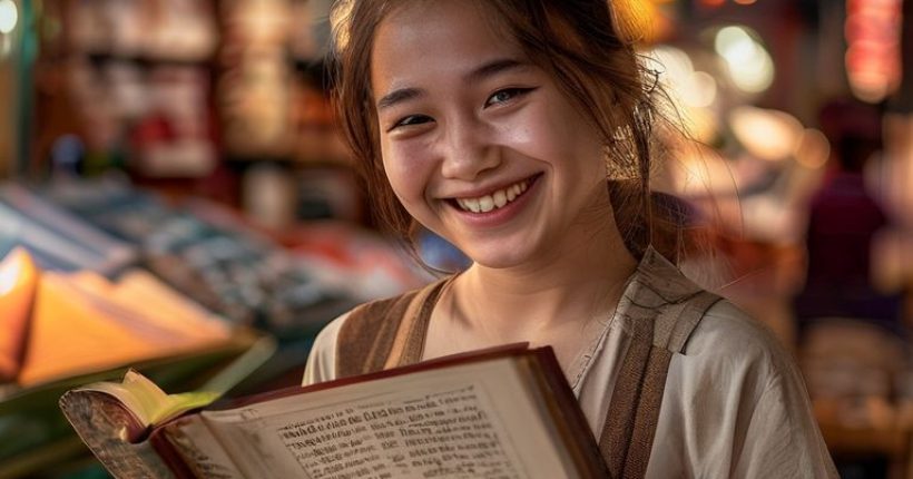 {"prompt":"A visually appealing photograph featuring a close-up of open Thai language textbook with a traditional Thai market scene in the background, symbolizing learning and immersion in Thai culture. Happy student with a smile, holding the book. Warm lighting, high resolution.","originalPrompt":"A visually appealing photograph featuring a close-up of open Thai language textbook with a traditional Thai market scene in the background, symbolizing learning and immersion in Thai culture. Happy student with a smile, holding the book. Warm lighting, high resolution.","width":1024,"height":1024,"seed":14850,"model":"sana","enhance":false,"nologo":false,"negative_prompt":"undefined","nofeed":false,"safe":false,"quality":"medium","image":[],"transparent":false,"has_nsfw_concept":false,"concept":[],"trackingData":{"actualModel":"sana","usage":{"completionImageTokens":1,"totalTokenCount":1}}}