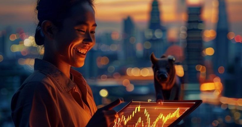 {"prompt":"Photorealistic image of a Thai person smiling while pointing at a glowing stock chart on a tablet. The background is the Bangkok city skyline at dusk, subtly blurred. Elements like a bull and bear subtly incorporated. Warm and inviting color palette.","originalPrompt":"Photorealistic image of a Thai person smiling while pointing at a glowing stock chart on a tablet. The background is the Bangkok city skyline at dusk, subtly blurred. Elements like a bull and bear subtly incorporated. Warm and inviting color palette.","width":1024,"height":1024,"seed":17604,"model":"sana","enhance":false,"nologo":false,"negative_prompt":"undefined","nofeed":false,"safe":false,"quality":"medium","image":[],"transparent":false,"has_nsfw_concept":false,"concept":[],"trackingData":{"actualModel":"sana","usage":{"completionImageTokens":1,"totalTokenCount":1}}}