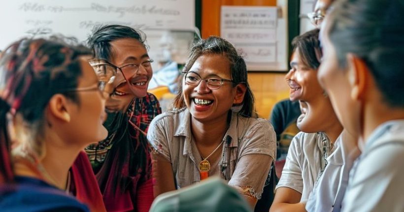 {"prompt":"A photorealistic image of a diverse group of people smiling and engaging in conversation in a vibrant, modern Thai language class. Whiteboard in the background with Thai script and English translations. Focus on warmth and community.","originalPrompt":"A photorealistic image of a diverse group of people smiling and engaging in conversation in a vibrant, modern Thai language class. Whiteboard in the background with Thai script and English translations. Focus on warmth and community.","width":1024,"height":1024,"seed":17970,"model":"sana","enhance":false,"nologo":false,"negative_prompt":"undefined","nofeed":false,"safe":false,"quality":"medium","image":[],"transparent":false,"has_nsfw_concept":false,"concept":[],"trackingData":{"actualModel":"sana","usage":{"completionImageTokens":1,"totalTokenCount":1}}}