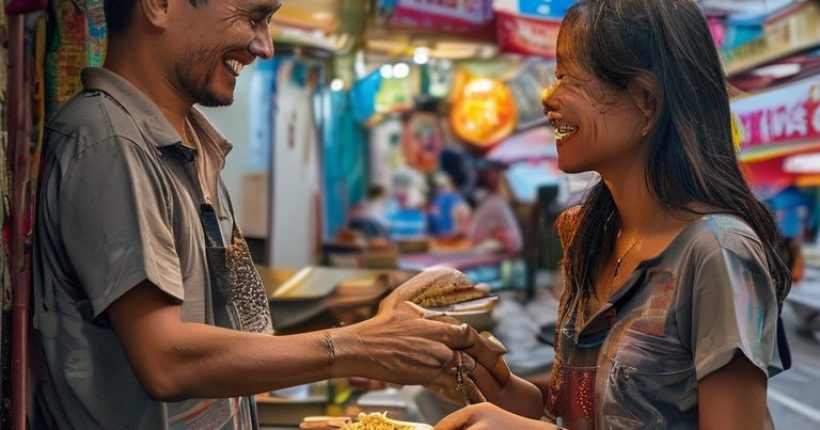 {"prompt":"Photorealistic image of a smiling foreigner interacting with a Thai street vendor. The vendor is handing the foreigner a dish of Pad Thai. The background is a bustling Bangkok street scene with colorful signs in Thai. The image should convey a sense of cultural exchange and the joy of learning a new language.","originalPrompt":"Photorealistic image of a smiling foreigner interacting with a Thai street vendor. The vendor is handing the foreigner a dish of Pad Thai. The background is a bustling Bangkok street scene with colorful signs in Thai. The image should convey a sense of cultural exchange and the joy of learning a new language.","width":1024,"height":1024,"seed":18092,"model":"sana","enhance":false,"nologo":false,"negative_prompt":"undefined","nofeed":false,"safe":false,"quality":"medium","image":[],"transparent":false,"has_nsfw_concept":false,"concept":[],"trackingData":{"actualModel":"sana","usage":{"completionImageTokens":1,"totalTokenCount":1}}}