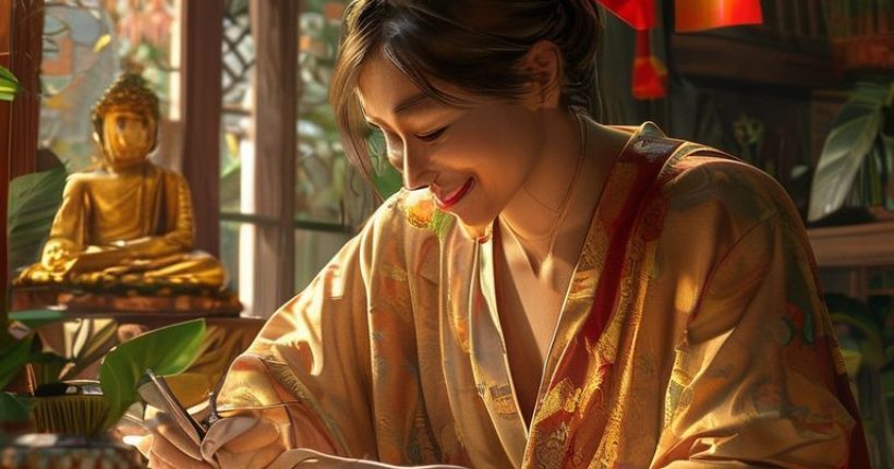 {"prompt":"Photorealistic image depicting a person studying Thai language materials (textbook, flashcards, tablet) in a cozy, inviting setting with Thai cultural elements in the background (e.g., a small Buddha statue, Thai silk). The person is smiling and engaged in their studies. Focus should be on creating a feeling of warmth, motivation, and cultural immersion. The scene should be brightly lit and aesthetically pleasing. Consider incorporating the Thai flag subtly.","originalPrompt":"Photorealistic image depicting a person studying Thai language materials (textbook, flashcards, tablet) in a cozy, inviting setting with Thai cultural elements in the background (e.g., a small Buddha statue, Thai silk). The person is smiling and engaged in their studies. Focus should be on creating a feeling of warmth, motivation, and cultural immersion. The scene should be brightly lit and aesthetically pleasing. Consider incorporating the Thai flag subtly.","width":1024,"height":1024,"seed":1462,"model":"sana","enhance":false,"nologo":false,"negative_prompt":"undefined","nofeed":false,"safe":false,"quality":"medium","image":[],"transparent":false,"has_nsfw_concept":false,"concept":[],"trackingData":{"actualModel":"sana","usage":{"completionImageTokens":1,"totalTokenCount":1}}}