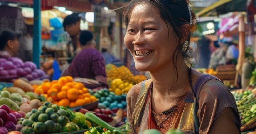 {"prompt":"Photorealistic image of a person smiling and confidently speaking Thai to a local vendor in a bustling Bangkok marketplace, with colorful fruits and vegetables in the foreground and traditional Thai architecture in the background. The person learning Thai is visibly engaged and happy, showcasing the joy of language learning.","originalPrompt":"Photorealistic image of a person smiling and confidently speaking Thai to a local vendor in a bustling Bangkok marketplace, with colorful fruits and vegetables in the foreground and traditional Thai architecture in the background. The person learning Thai is visibly engaged and happy, showcasing the joy of language learning.","width":1024,"height":1024,"seed":1573,"model":"sana","enhance":false,"nologo":false,"negative_prompt":"undefined","nofeed":false,"safe":false,"quality":"medium","image":[],"transparent":false,"has_nsfw_concept":false,"concept":[],"trackingData":{"actualModel":"sana","usage":{"completionImageTokens":1,"totalTokenCount":1}}}