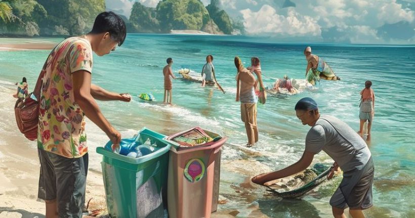 {"prompt":"Photorealistic image of a beautiful Thai beach with crystal clear water. In the foreground, several tourists are picking up trash and putting it in a designated recycling bin. In the background, a local Thai person is selling handmade crafts made from recycled materials. The overall tone is positive and hopeful, showcasing sustainable tourism practices.","originalPrompt":"Photorealistic image of a beautiful Thai beach with crystal clear water. In the foreground, several tourists are picking up trash and putting it in a designated recycling bin. In the background, a local Thai person is selling handmade crafts made from recycled materials. The overall tone is positive and hopeful, showcasing sustainable tourism practices.","width":1024,"height":1024,"seed":1578,"model":"sana","enhance":false,"nologo":false,"negative_prompt":"undefined","nofeed":false,"safe":false,"quality":"medium","image":[],"transparent":false,"has_nsfw_concept":false,"concept":[],"trackingData":{"actualModel":"sana","usage":{"completionImageTokens":1,"totalTokenCount":1}}}