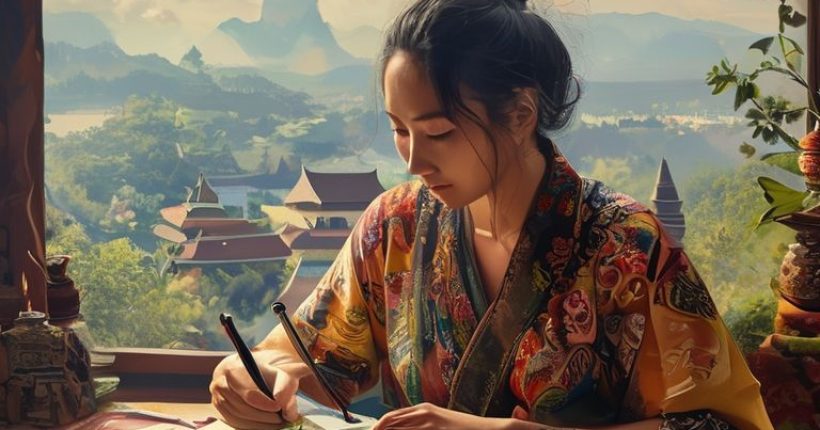 {"prompt":"Photorealistic image of a person studying Thai language materials (textbook, notebook, flashcards) with a Thai landscape visible in the background. The person should appear focused and engaged in the learning process. Consider incorporating elements of Thai culture, such as traditional patterns or artwork, into the scene.","originalPrompt":"Photorealistic image of a person studying Thai language materials (textbook, notebook, flashcards) with a Thai landscape visible in the background. The person should appear focused and engaged in the learning process. Consider incorporating elements of Thai culture, such as traditional patterns or artwork, into the scene.","width":1024,"height":1024,"seed":1582,"model":"sana","enhance":false,"nologo":false,"negative_prompt":"undefined","nofeed":false,"safe":false,"quality":"medium","image":[],"transparent":false,"has_nsfw_concept":false,"concept":[],"trackingData":{"actualModel":"sana","usage":{"completionImageTokens":1,"totalTokenCount":1}}}
