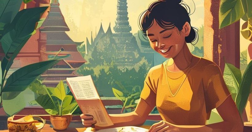 {"prompt":"A vibrant and inviting cover image depicting a person studying Thai language materials (book, phone app) in a beautiful Thai setting (temple in the background, Thai food on a table). The person should look engaged and happy while studying. The overall tone should be encouraging and positive.","originalPrompt":"A vibrant and inviting cover image depicting a person studying Thai language materials (book, phone app) in a beautiful Thai setting (temple in the background, Thai food on a table). The person should look engaged and happy while studying. The overall tone should be encouraging and positive.","width":1024,"height":1024,"seed":19503,"model":"sana","enhance":false,"nologo":false,"negative_prompt":"undefined","nofeed":false,"safe":false,"quality":"medium","image":[],"transparent":false,"has_nsfw_concept":false,"concept":[],"trackingData":{"actualModel":"sana","usage":{"completionImageTokens":1,"totalTokenCount":1}}}