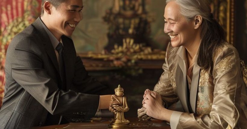 {"prompt":"Photorealistic image of two business people, one Thai and one Western, shaking hands warmly over a table with documents on it. Thai silk fabric and a small Buddha statue subtly decorate the background to represent Thai culture. The overall tone should be professional and trustworthy.","originalPrompt":"Photorealistic image of two business people, one Thai and one Western, shaking hands warmly over a table with documents on it. Thai silk fabric and a small Buddha statue subtly decorate the background to represent Thai culture. The overall tone should be professional and trustworthy.","width":1024,"height":1024,"seed":18704,"model":"sana","enhance":false,"nologo":false,"negative_prompt":"undefined","nofeed":false,"safe":false,"quality":"medium","image":[],"transparent":false,"has_nsfw_concept":false,"concept":[],"trackingData":{"actualModel":"sana","usage":{"completionImageTokens":1,"totalTokenCount":1}}}