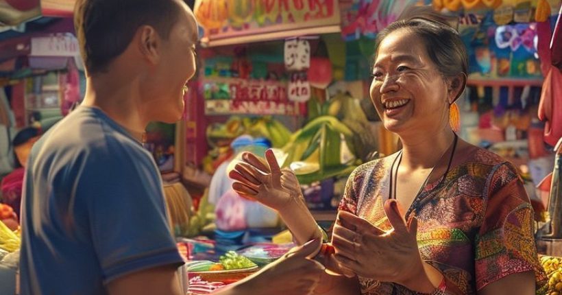{"prompt":"Photorealistic image of a smiling foreigner interacting with a Thai vendor in a bustling market. The foreigner is attempting to speak Thai, and the vendor is smiling warmly and gesturing with her hands. Background should capture the vibrant atmosphere of a Thai market with colorful fruits, vegetables, and Thai script on signs. The overall tone should be welcoming and encouraging.","originalPrompt":"Photorealistic image of a smiling foreigner interacting with a Thai vendor in a bustling market. The foreigner is attempting to speak Thai, and the vendor is smiling warmly and gesturing with her hands. Background should capture the vibrant atmosphere of a Thai market with colorful fruits, vegetables, and Thai script on signs. The overall tone should be welcoming and encouraging.","width":1024,"height":1024,"seed":18276,"model":"sana","enhance":false,"nologo":false,"negative_prompt":"undefined","nofeed":false,"safe":false,"quality":"medium","image":[],"transparent":false,"has_nsfw_concept":false,"concept":[],"trackingData":{"actualModel":"sana","usage":{"completionImageTokens":1,"totalTokenCount":1}}}